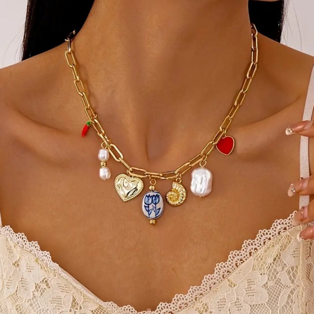 NEW Gold Charm Necklace with Heart and Pearl Pendants